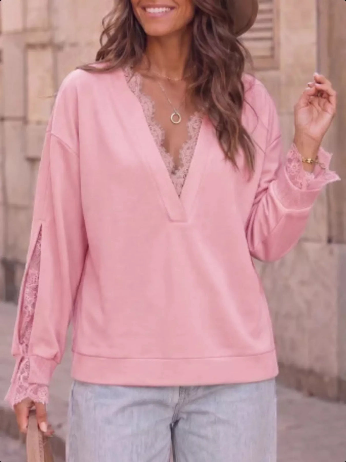 Lace Trim Split Sleeve Sweatshirt - Pink - View 2