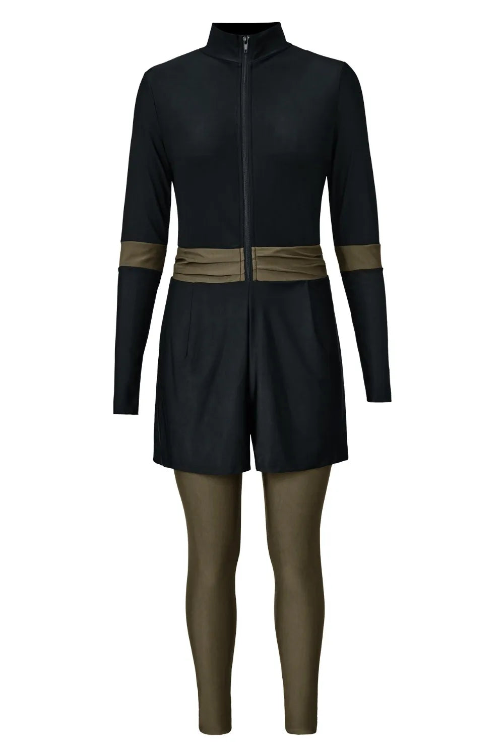 Zip Up Long Sleeve One-Piece Swimwear - Black - View 7