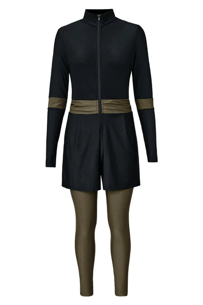 Zip Up Long Sleeve One-Piece Swimwear - Black - View 7