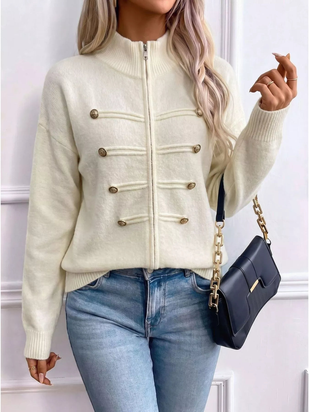 Zip-Up Long Sleeve Cardigan - Beige - View 3