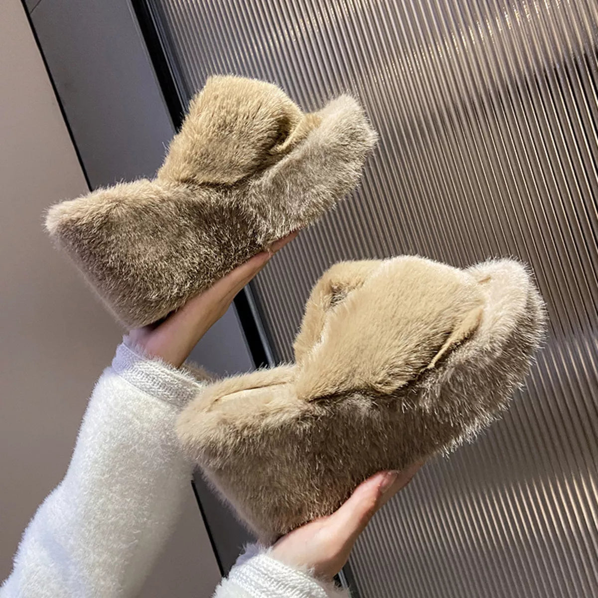 Fluffy Wedge Slippers - Khaki - View 11