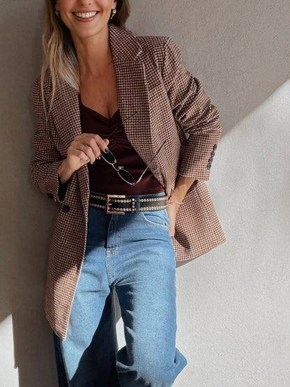 Houndstooth Lapel Collar Blazer - Camel - View 3