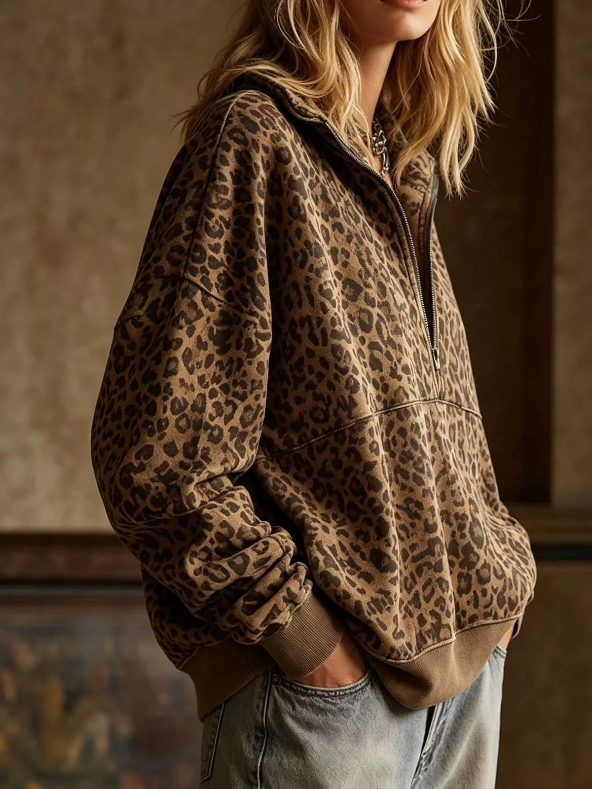 Leopard Half Zip Oversized Sweatshirt - Coffee Brown - View 2