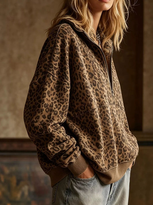 Leopard Half Zip Oversized Sweatshirt - Coffee Brown - View 2