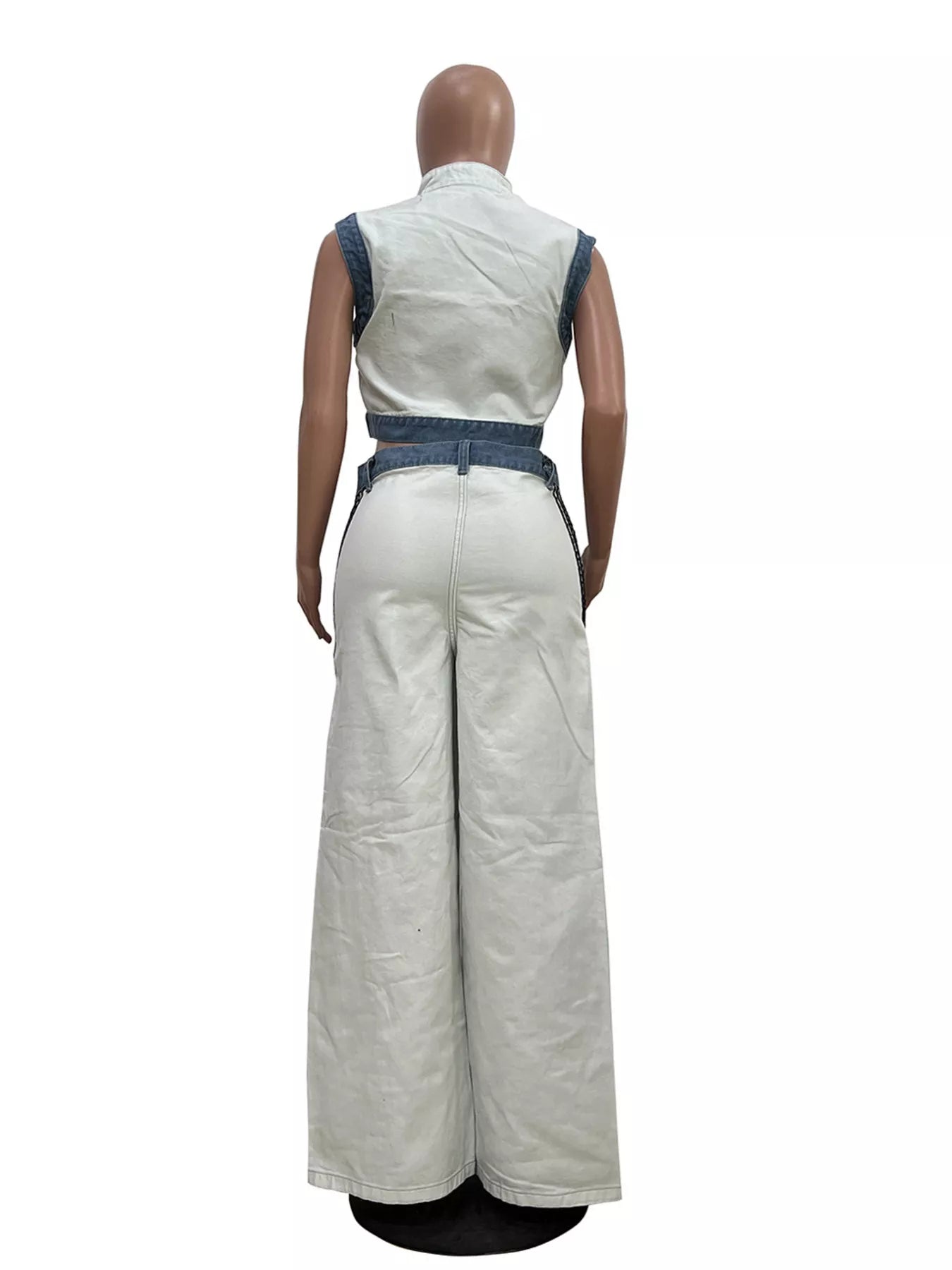 Zip Front Crop Top and Striped Pants Set - White - Rear Mannequin View