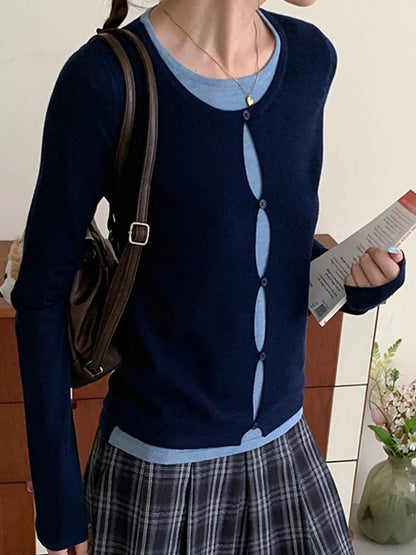 Layered Look Long Sleeve Knit Top - Navy - View 1
