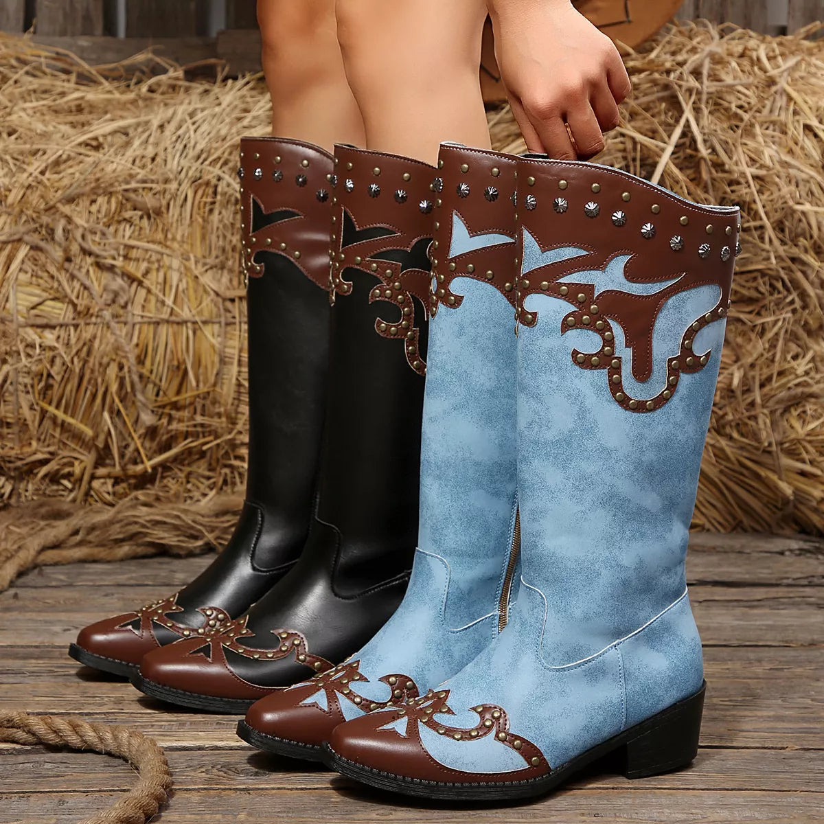 Point Toe Block Heels Boots - Blue / Black - View 1