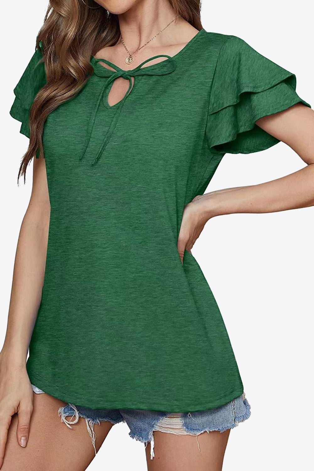 Tie-Neck Layered Flutter Sleeve Blouse - Forest - View 23
