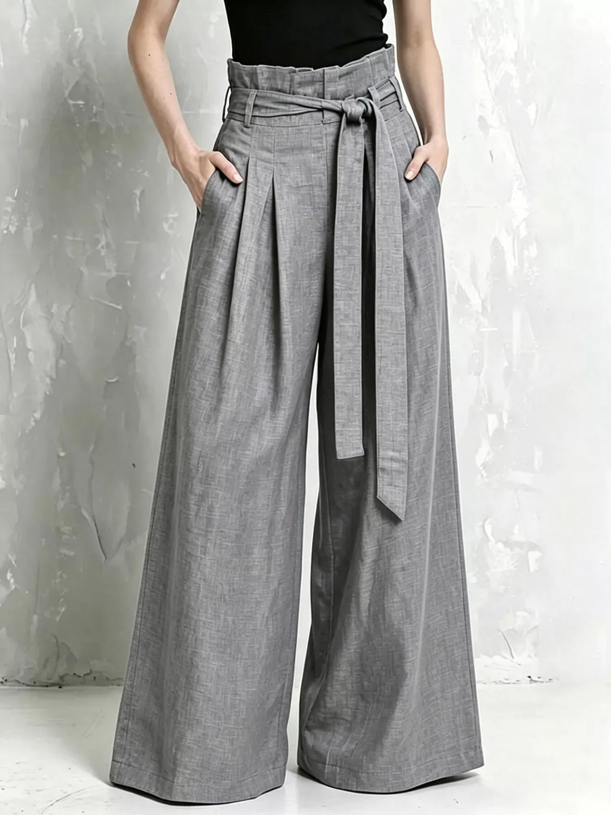 Full Size Wide-Leg Paperbag Waist Pants Plus Size - Gray - View 1