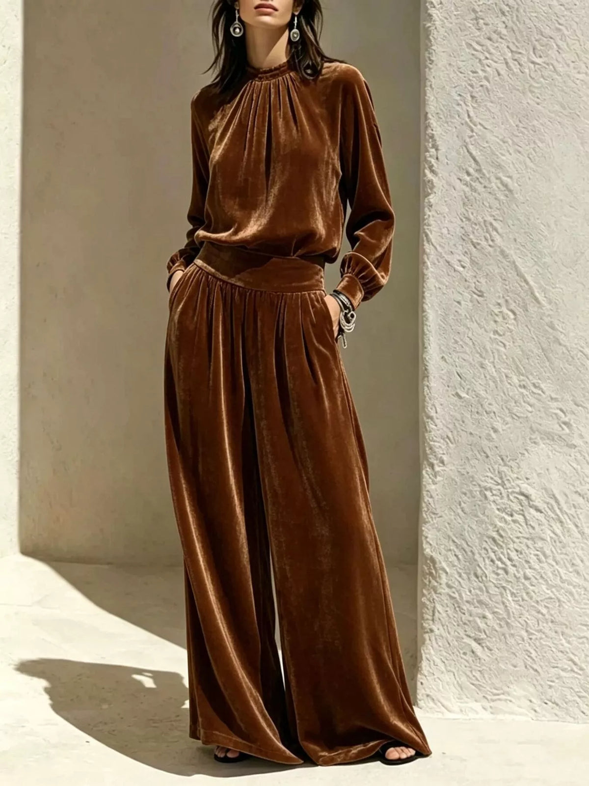 Velvet Mock Neck Long Sleeve Top and Wide-Leg Pants Set - Brown - View 1