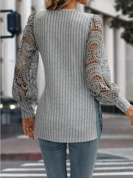 Side Slit V-Neck Lace Long Sleeve T-Shirt - product photo 2