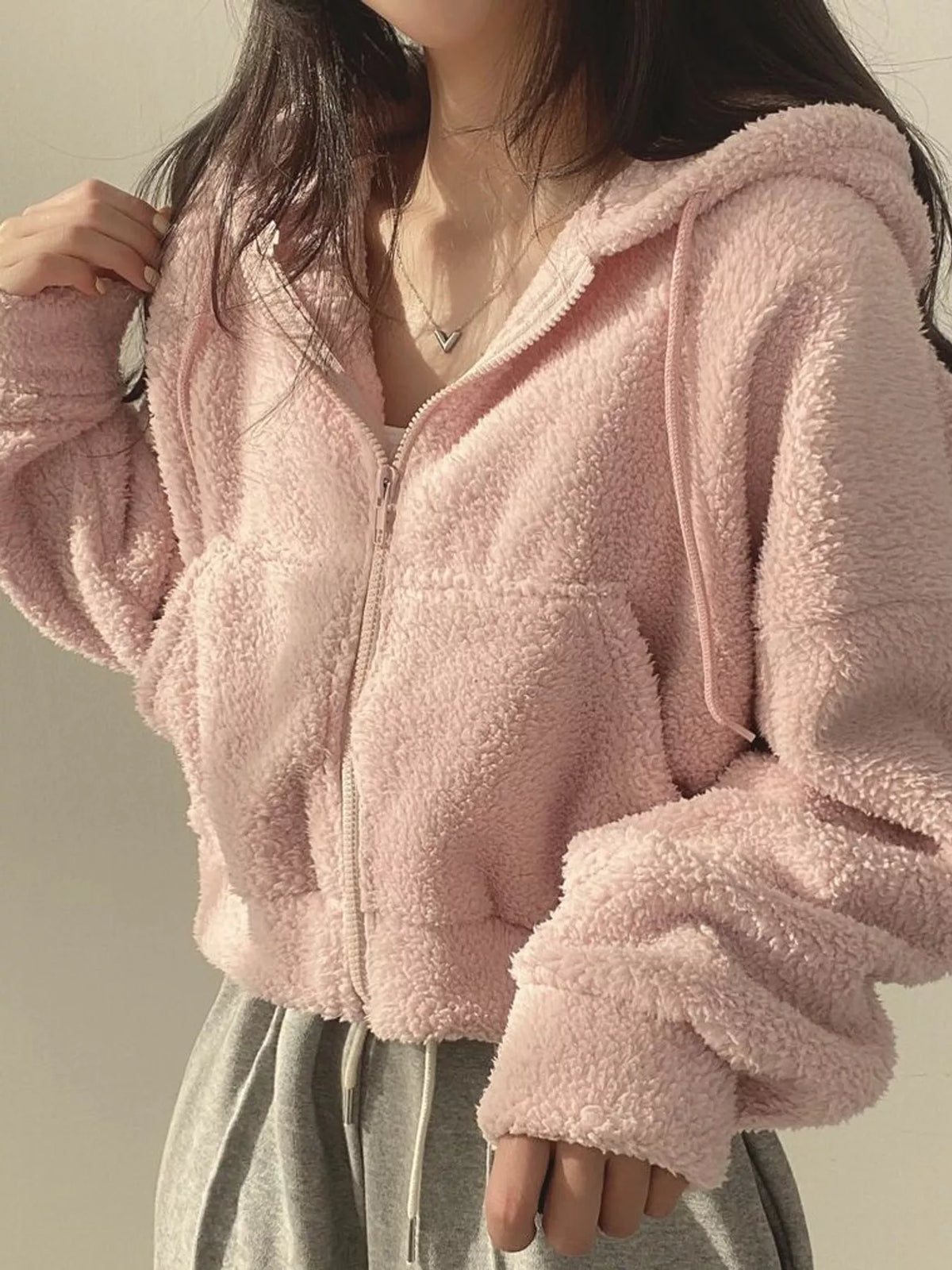 Oversized Sherpa Zip-Up Hoodie - Pink - View 9