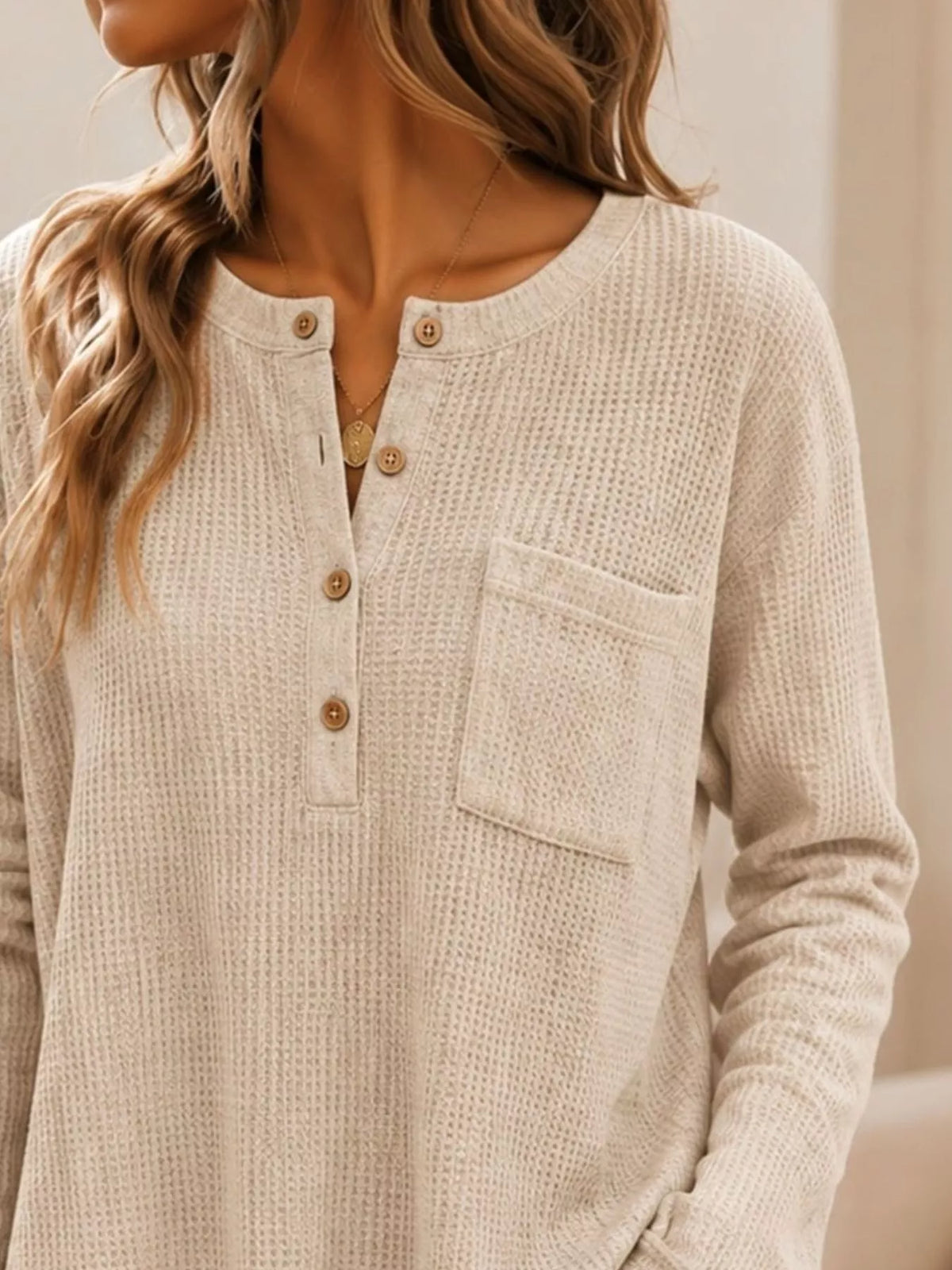 Waffle Knit Button Detail Top - Apricot - View 2
