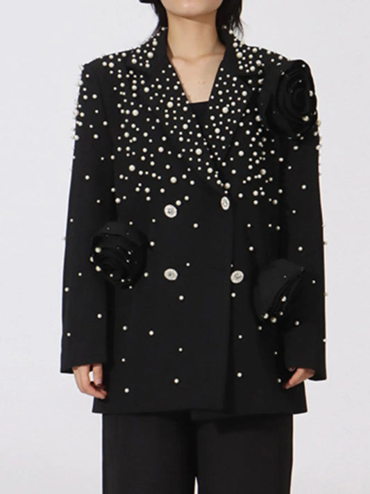 Pearl Embellished Double-Breasted Blazer - Black - View 1