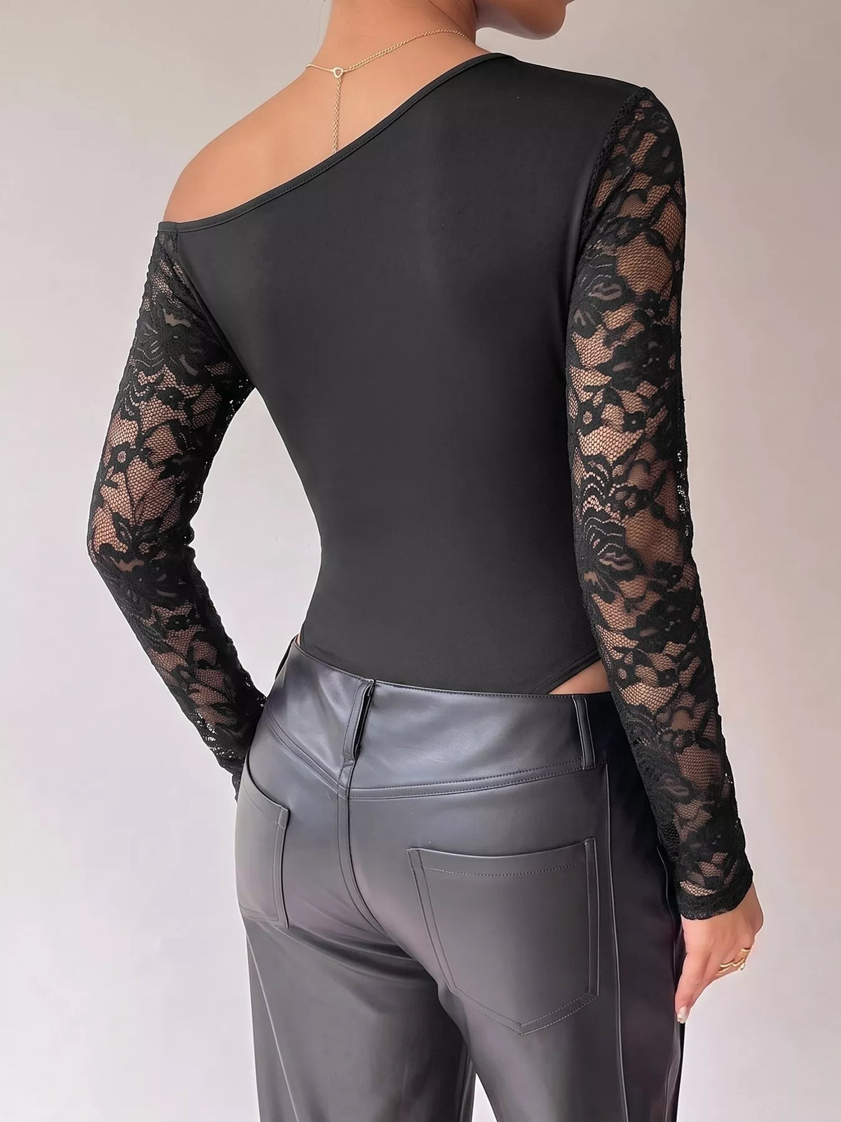 Lace Sleeve Slim-Fit Bodysuit - Black - View 6