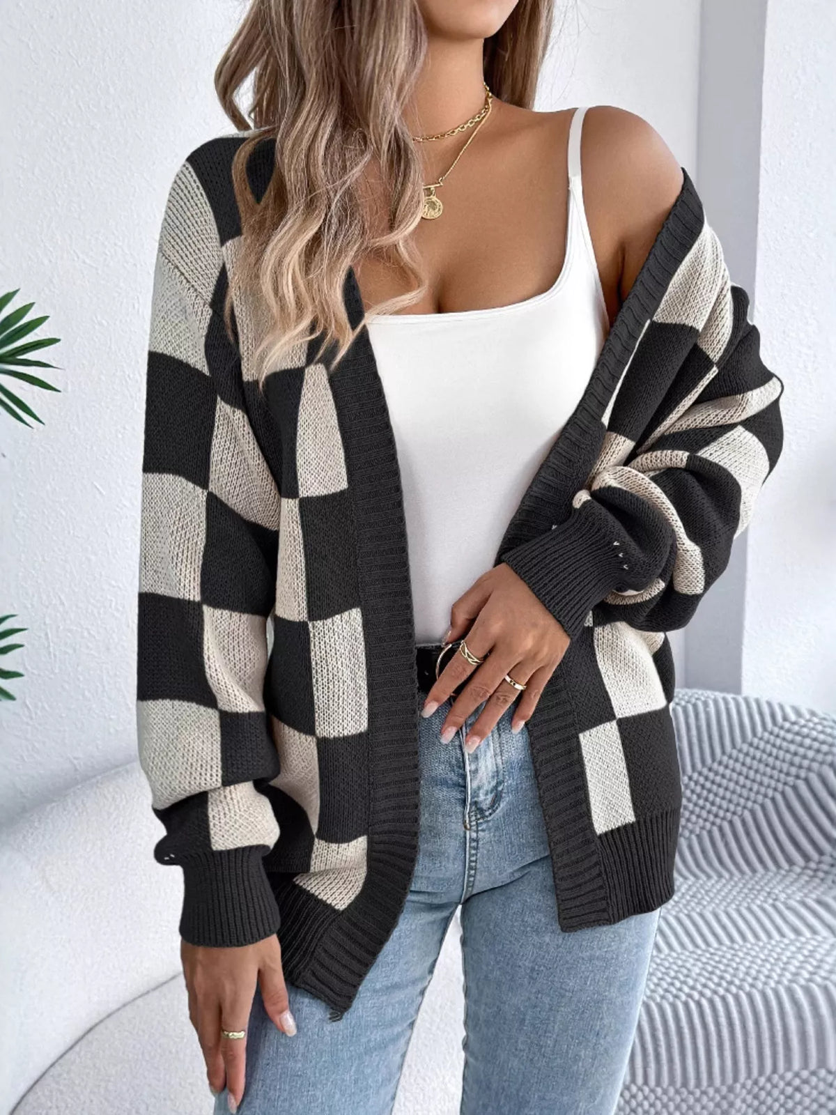 Checkerboard Pattern Open Front Knit Cardigan - All Colors - View 2