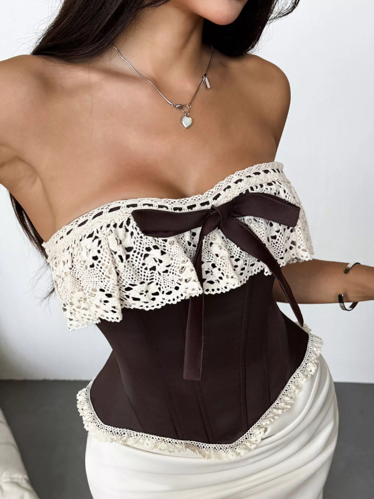 Crochet Lace Strapless Boned Corset Lace‑Up Waist Cincher Tube Top - Brown - View 2