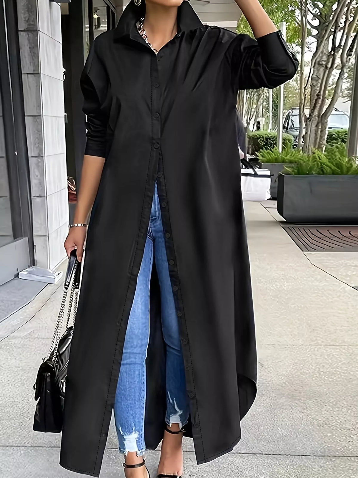 Plus Size Longline Button-Down Shirt - Black - View 7