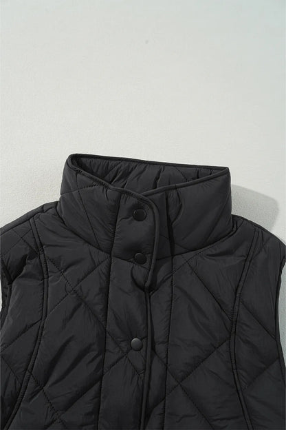 Snap Down Texture Vest Coat with Pockets - Black - View 16