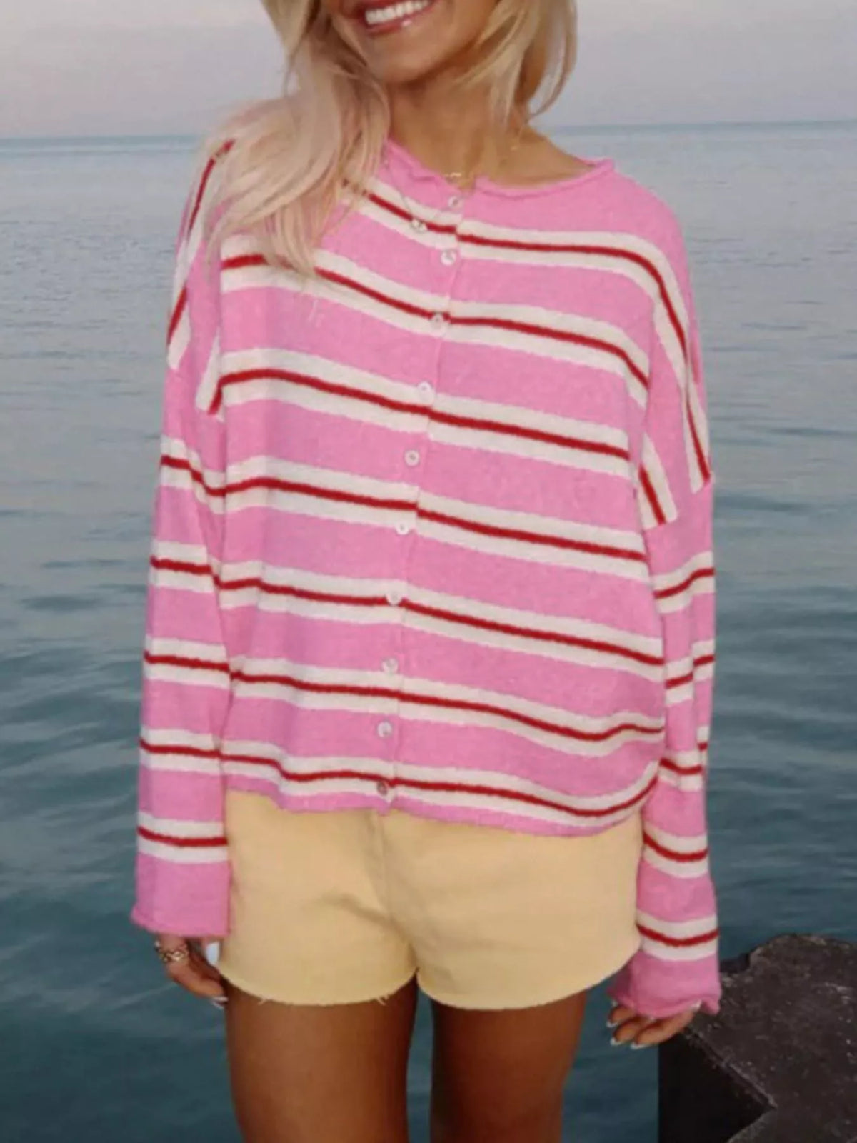 Striped Button-Down Knit Cardigan - Fuchsia Pink - View 4
