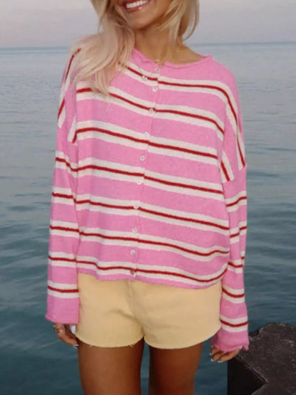 Striped Button-Down Knit Cardigan - Fuchsia Pink - View 4
