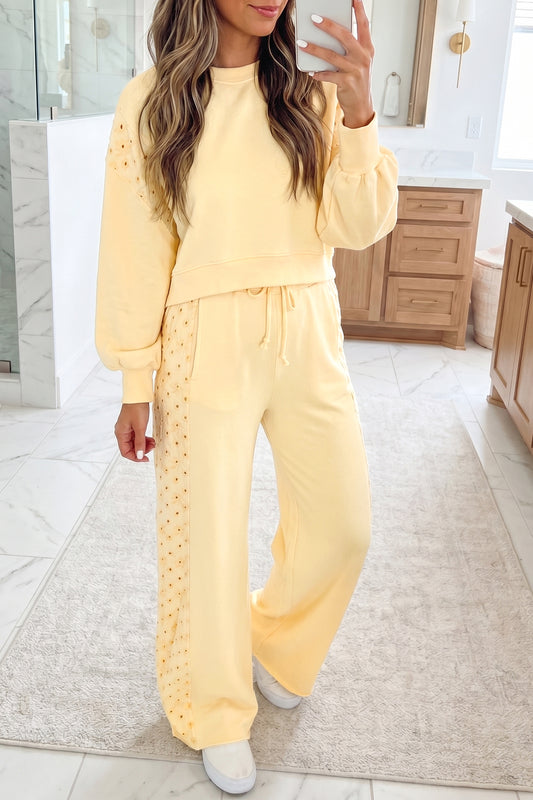 Yellow Eyelet Lace Pullover & Drawstring Pants Set - Yellow Cream - 2