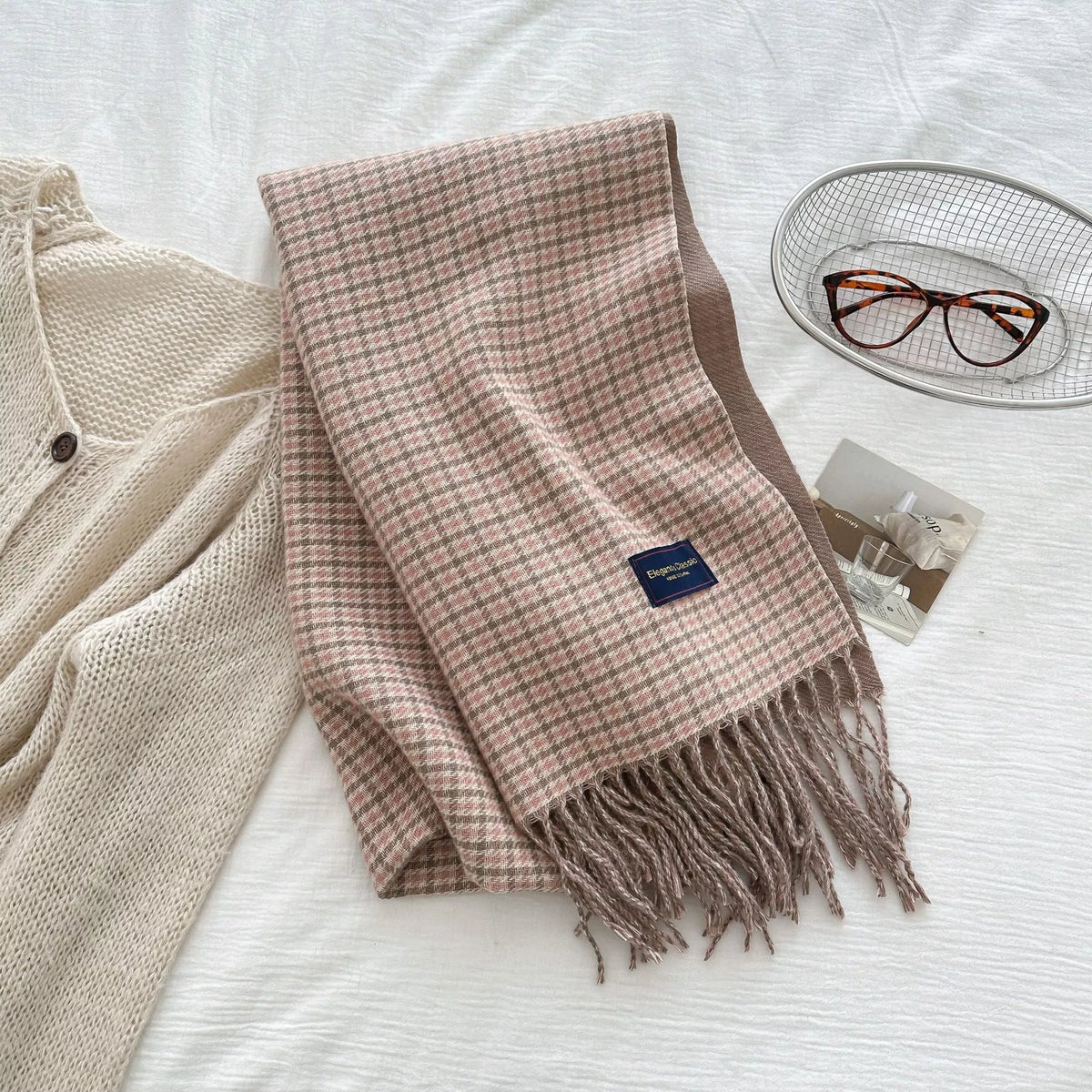 Plaid Fringe Warm Winter Scarf - Pink - View 8
