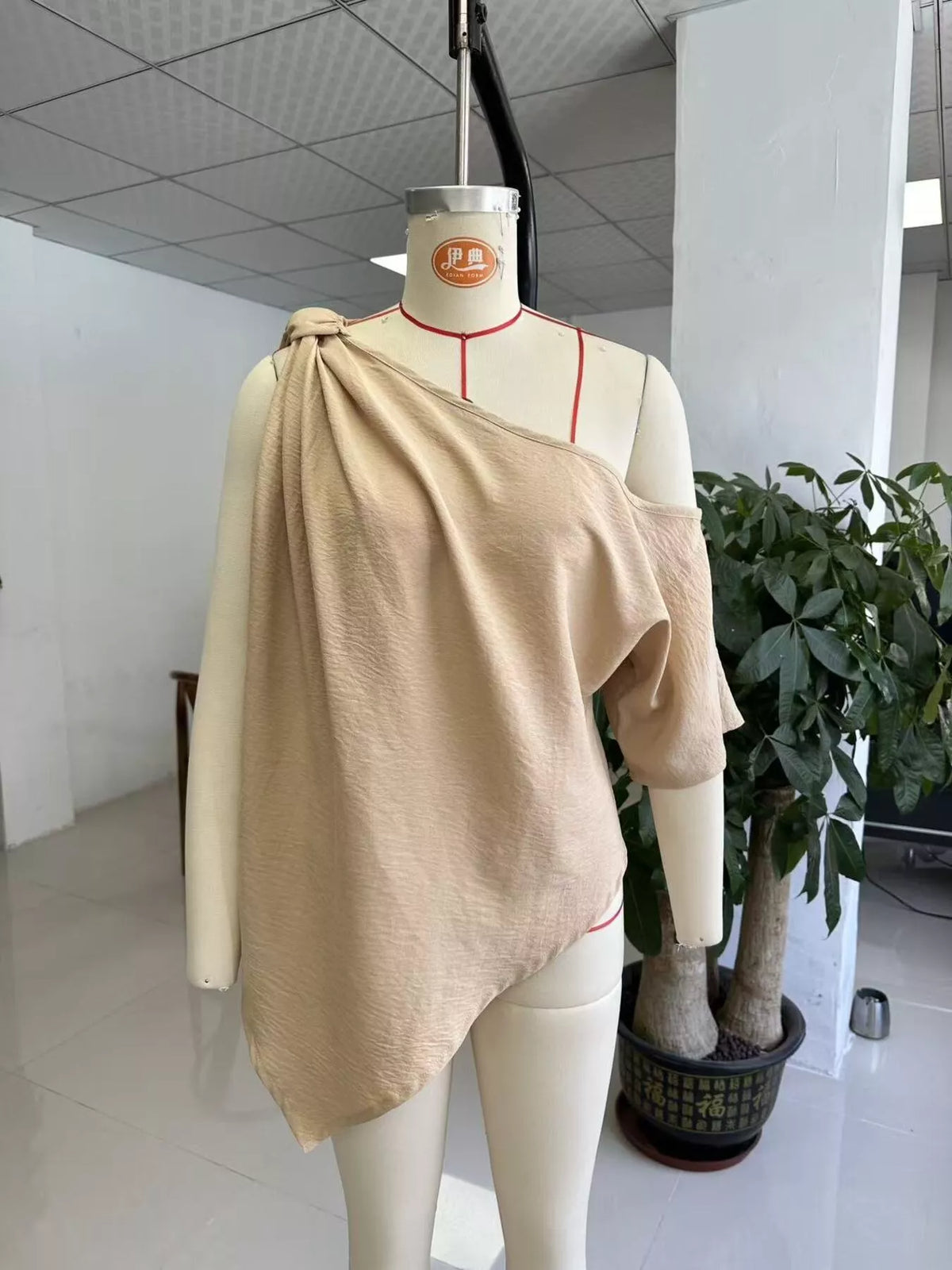 Full Size One-Shoulder Knot Detail Blouse Plus Size - Khaki - View 2