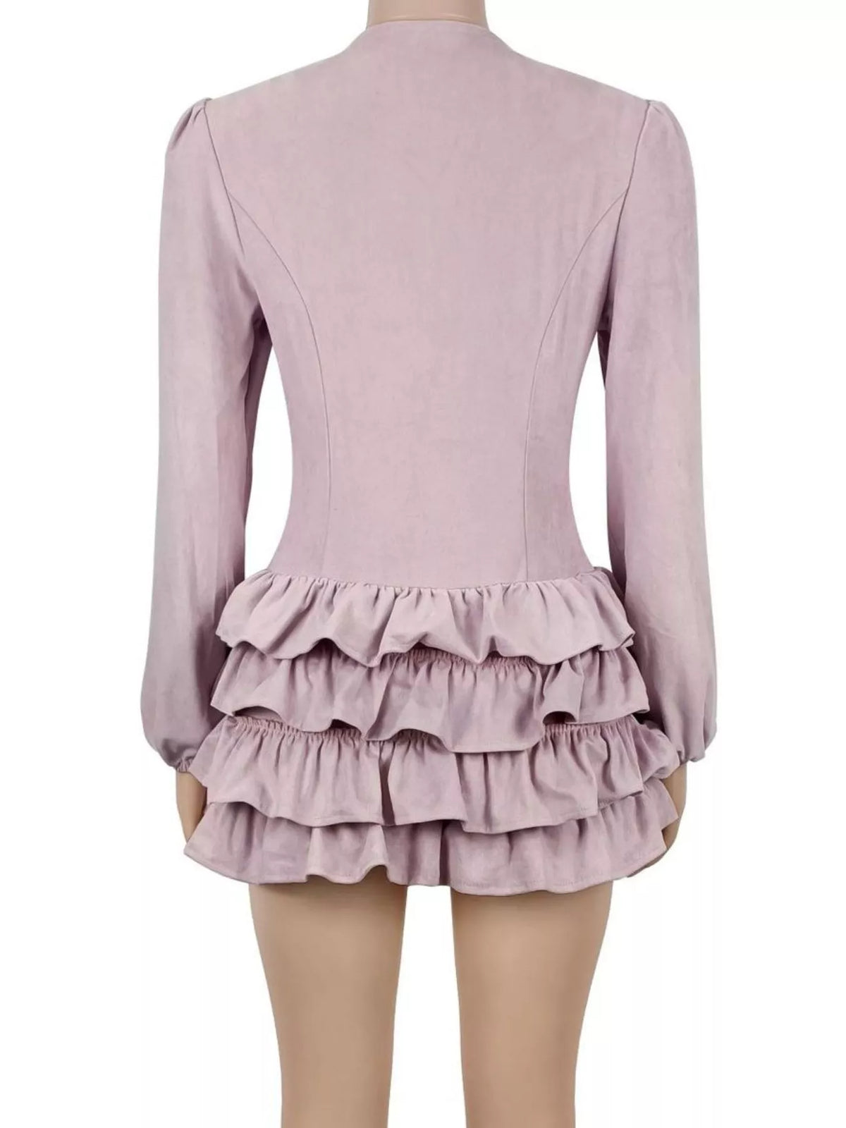 Lace-Up Ruffle Hem Long Sleeve Mini Dress - Dusty Pink - View 5