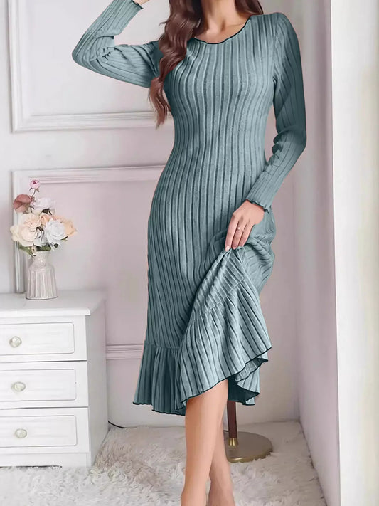Full Size Ribbed Knit Ruffle Hem Bodycon Dress Plus Size - Turquoise - View 1