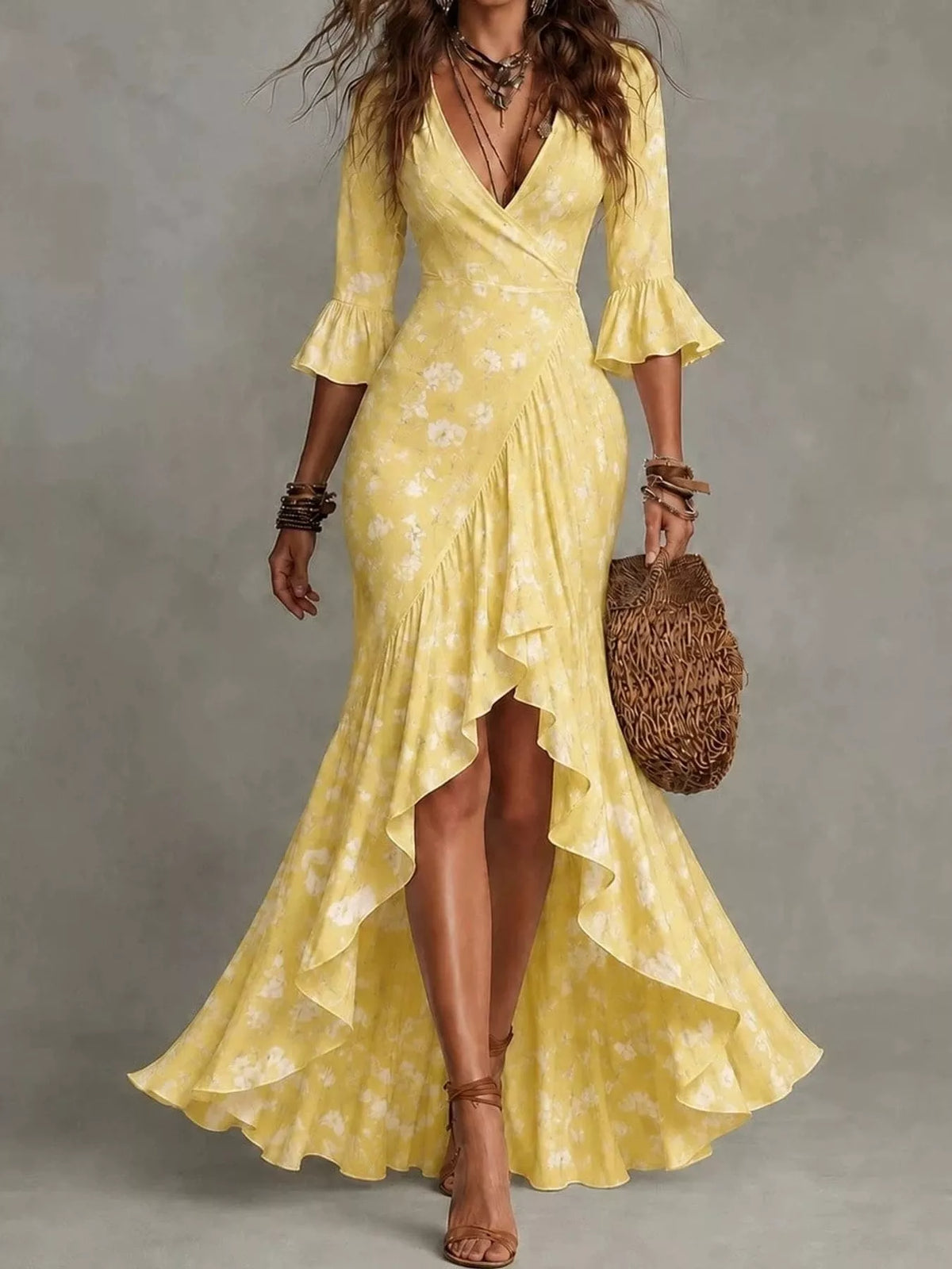 High-Low Ruffled Maxi Dress - Yellow - View 5