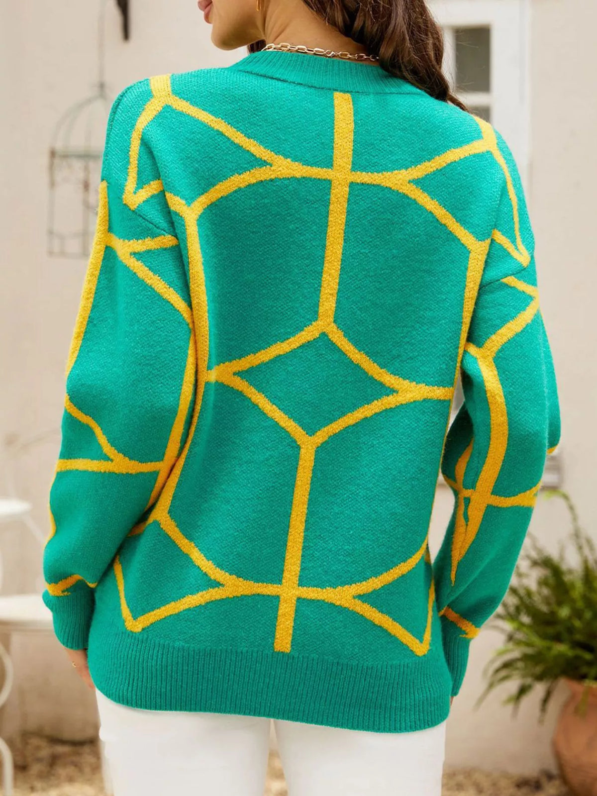 Geometric Pattern Crew Neck Sweater - Green - View 7