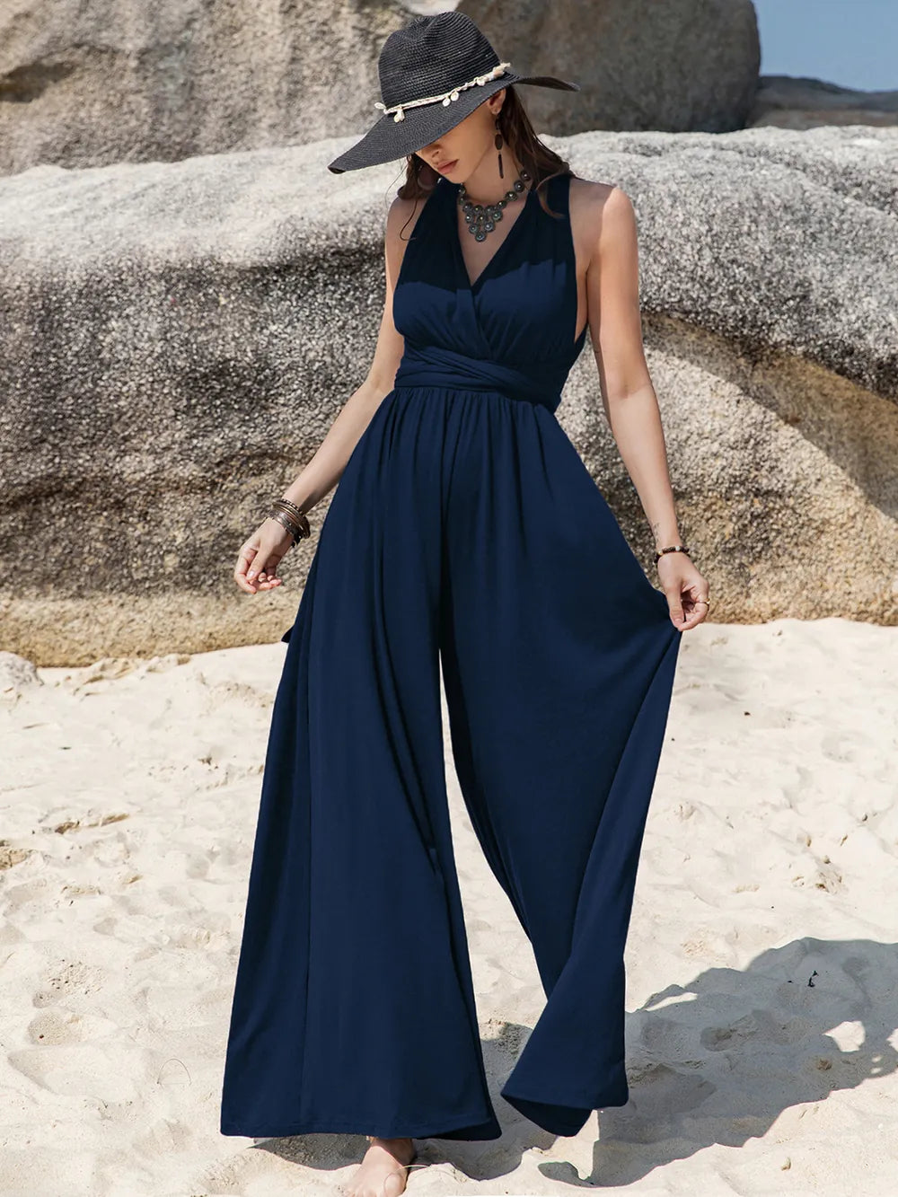 Surplice Wide Leg Jumpsuit with Free Tie - Dark Blue - View 3