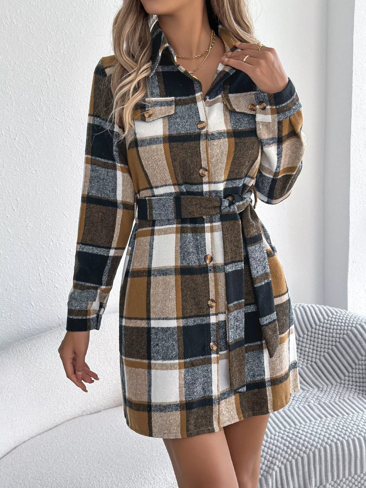 Plaid Button Front Tie Waist Shirt Dress - Khaki - View 12