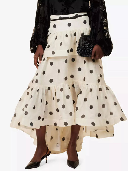 Polka Dot Tiered Ruffle Skirt - Beige - View 1
