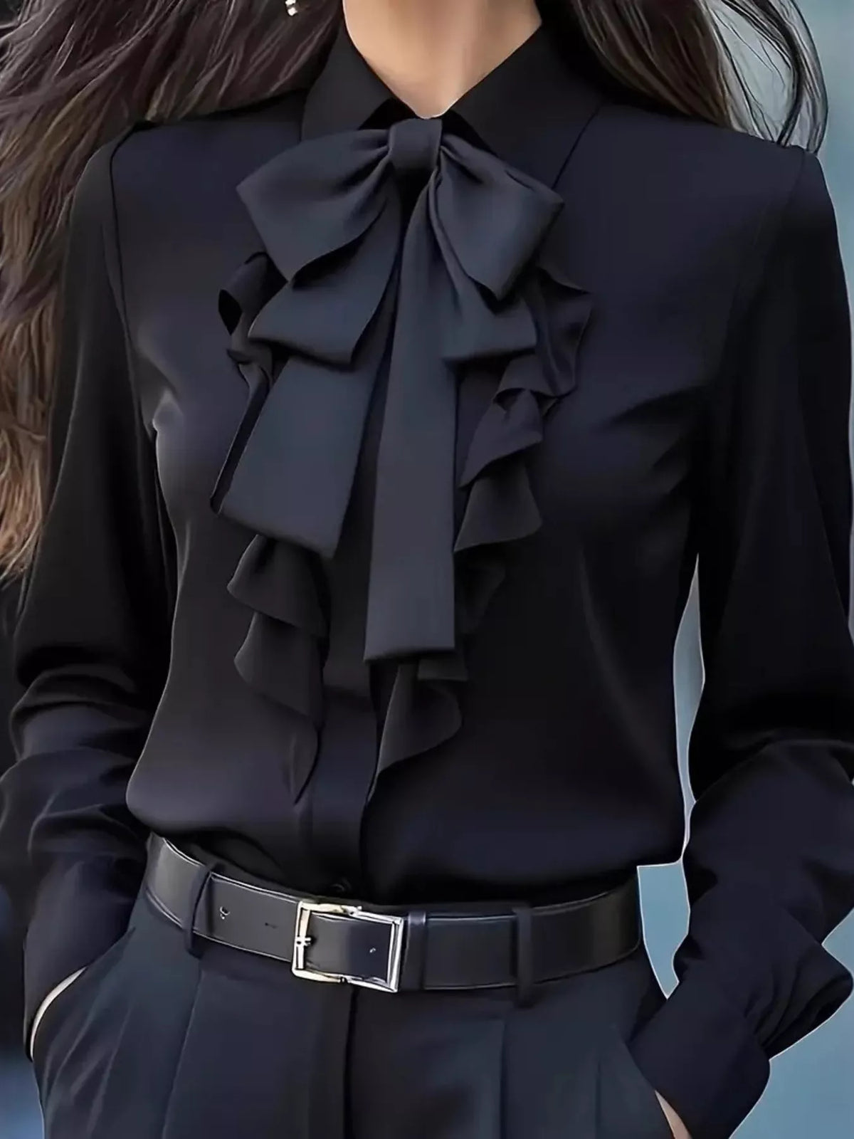 Ruffled Tie Front Long Sleeve Blouse - Black - View 1