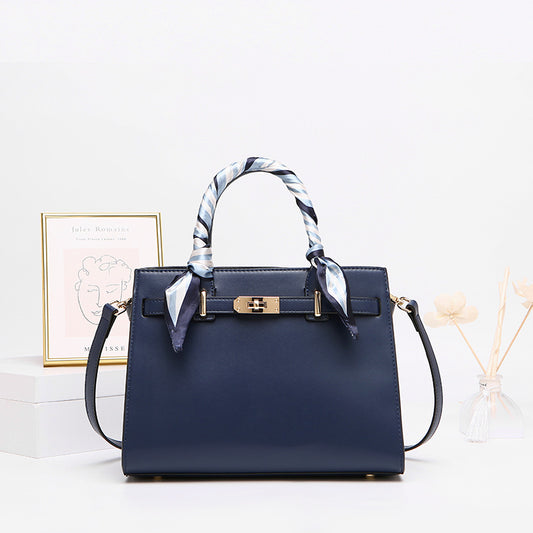 Leather Handbag with Detachable Shoulder Strap - Blue - View 2
