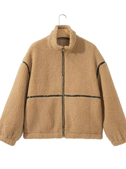 Drop Shoulder Collar Long Sleeve Fleece Regular Fit Jacket - Camel - View 11
