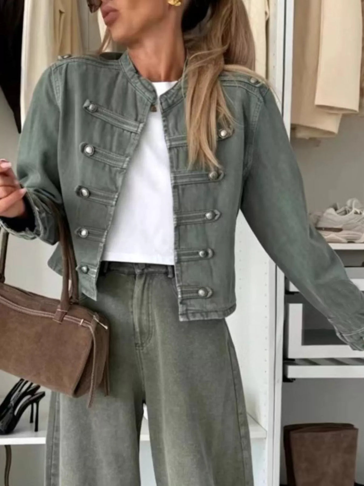 Decorative Button Cropped Denim Jacket - Army Green - View 4