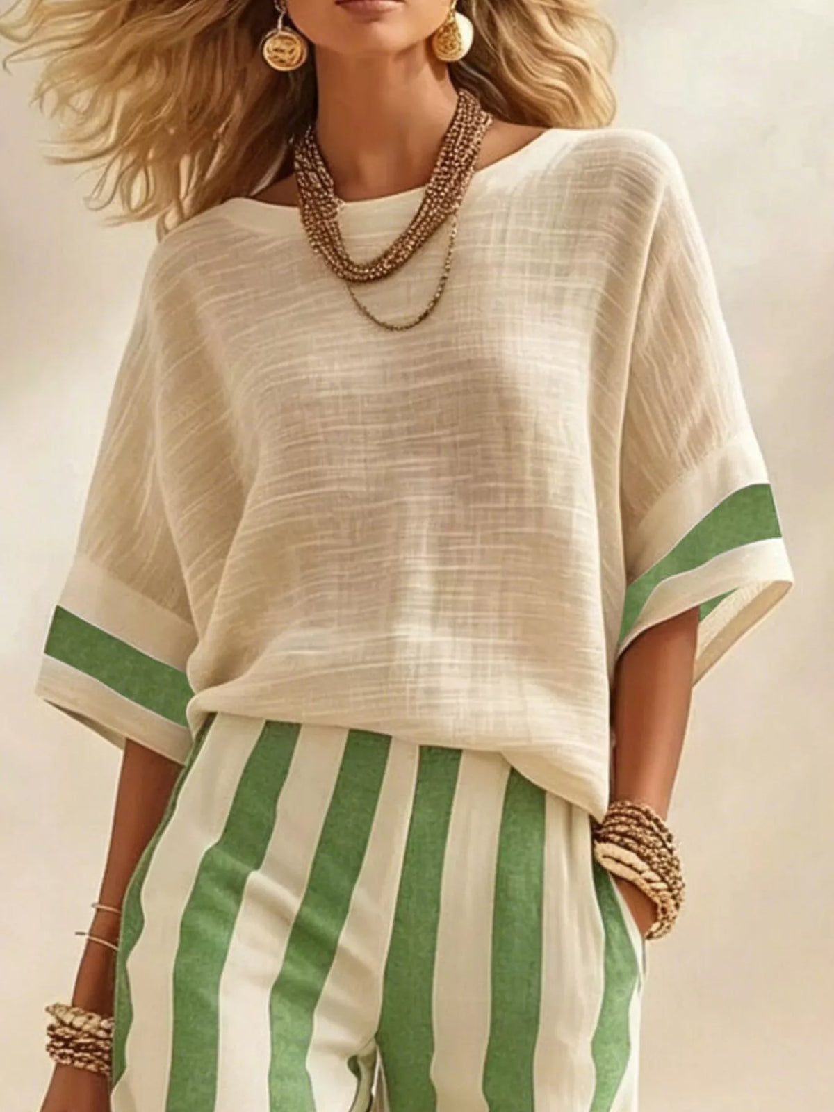 Full Size Striped Half Sleeve Top and Pants Set Plus Size - Yellow-green - View 2