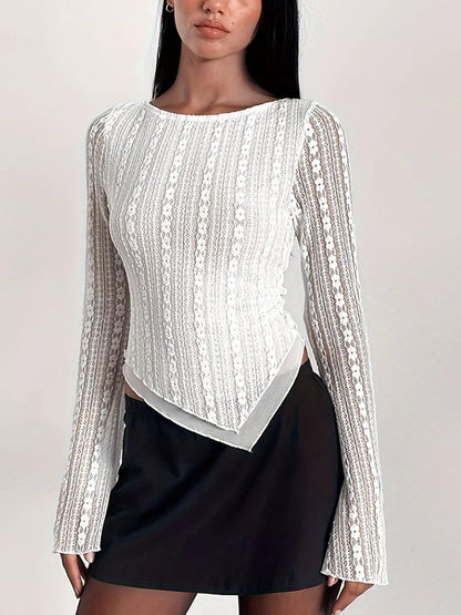 Lace Long Sleeve Blouse with Asymmetrical Hem - White - View 4