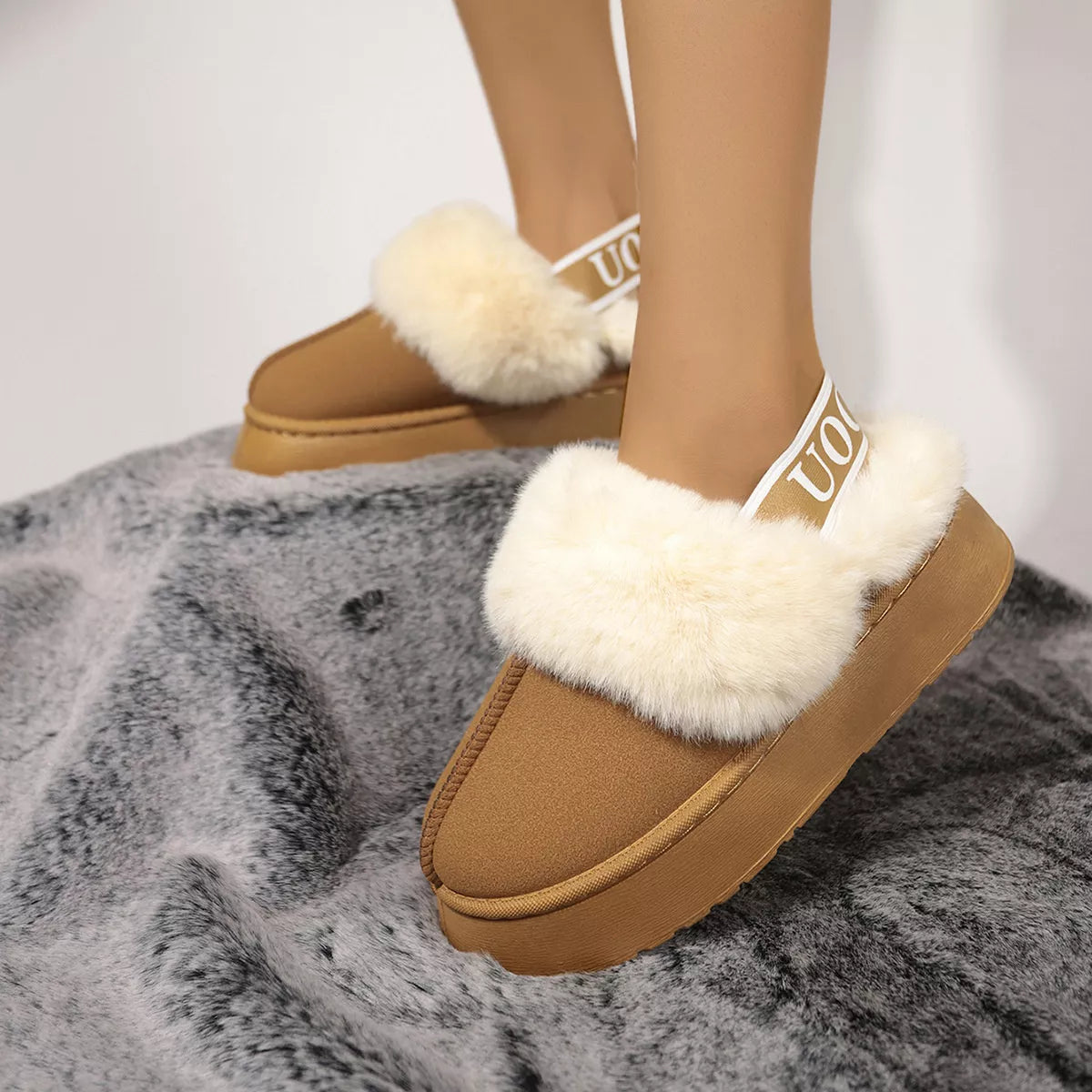 Round Toe Fur Trim Platform Slippers - Caramel - View 13