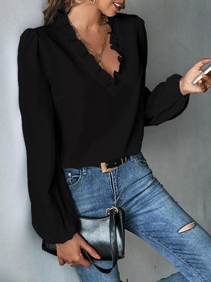 Ruffled Trim V-Neck Blouse - Black - View 1