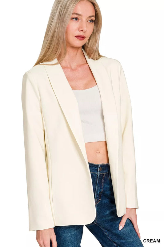 Zenana Woven Long Sleeve Blazer With Lining - CREAM - View 2