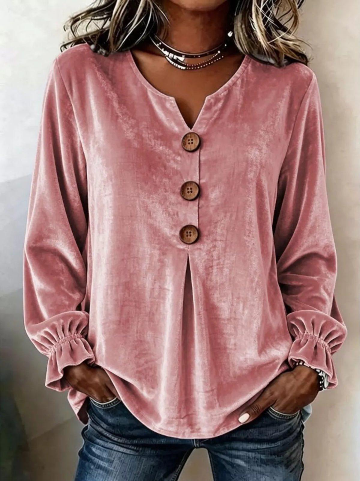 Velvet Flounce Sleeve Blouse - Pink - View 1