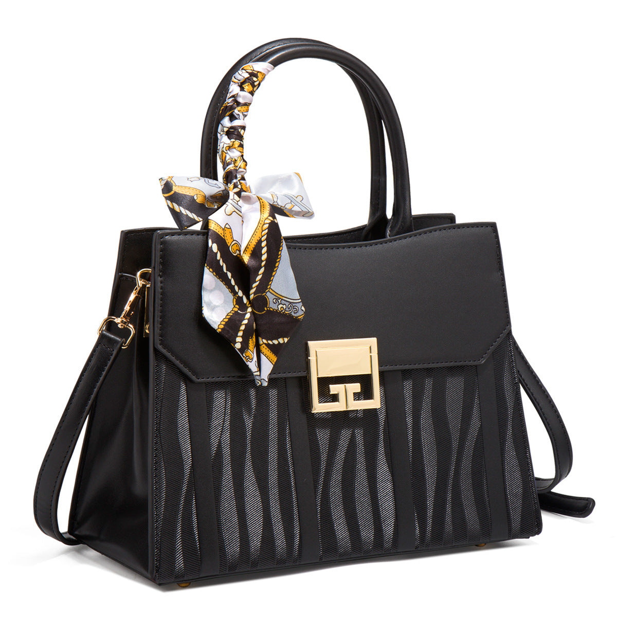 Scarf Decor Leather Handbag - Black - View 3