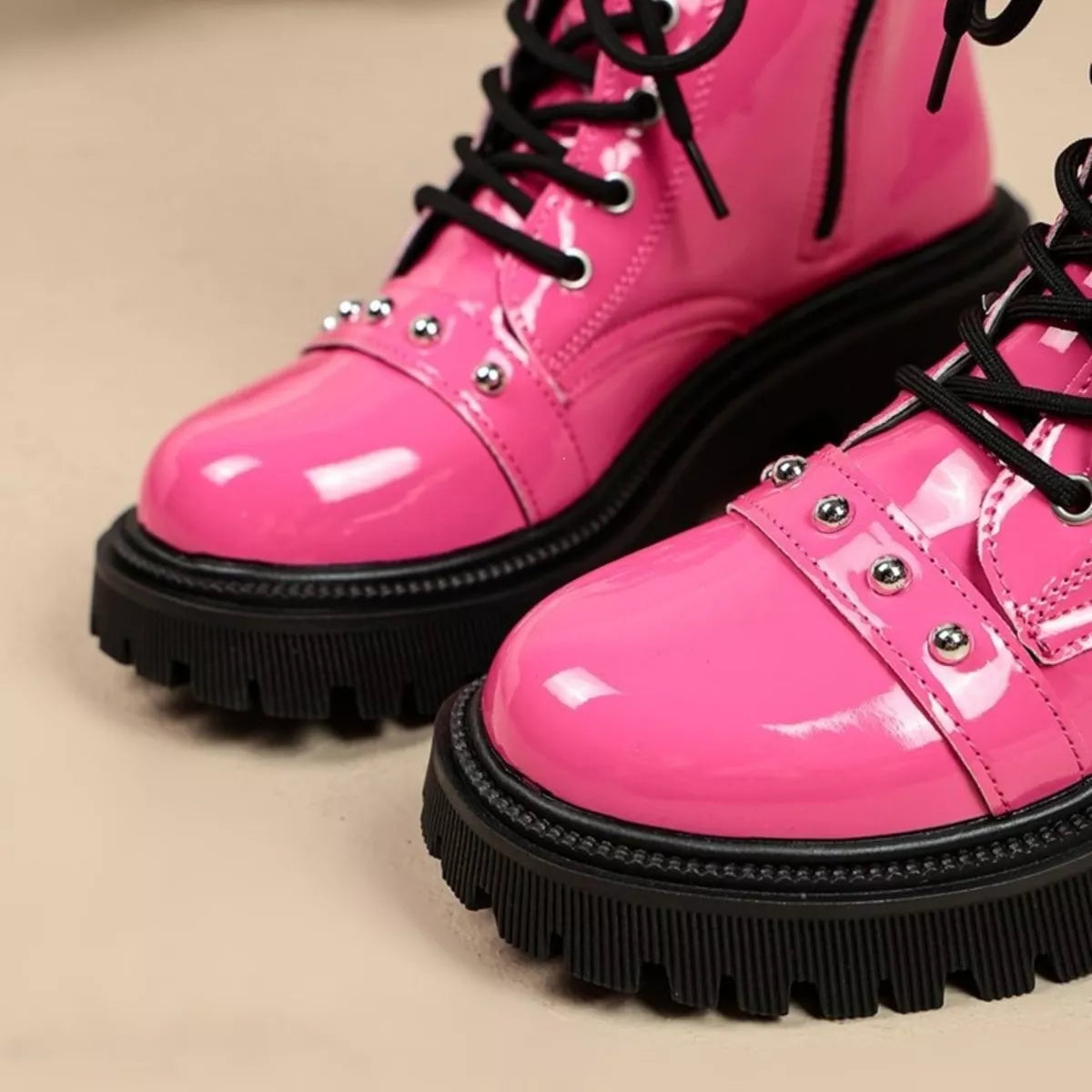 Round Toe Lace Up Boots - Fuchsia Pink - View 4