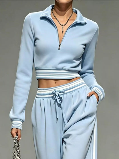 Full Size Half Zip Cropped Top and Pants Set Plus Size - Light Blue - View 2