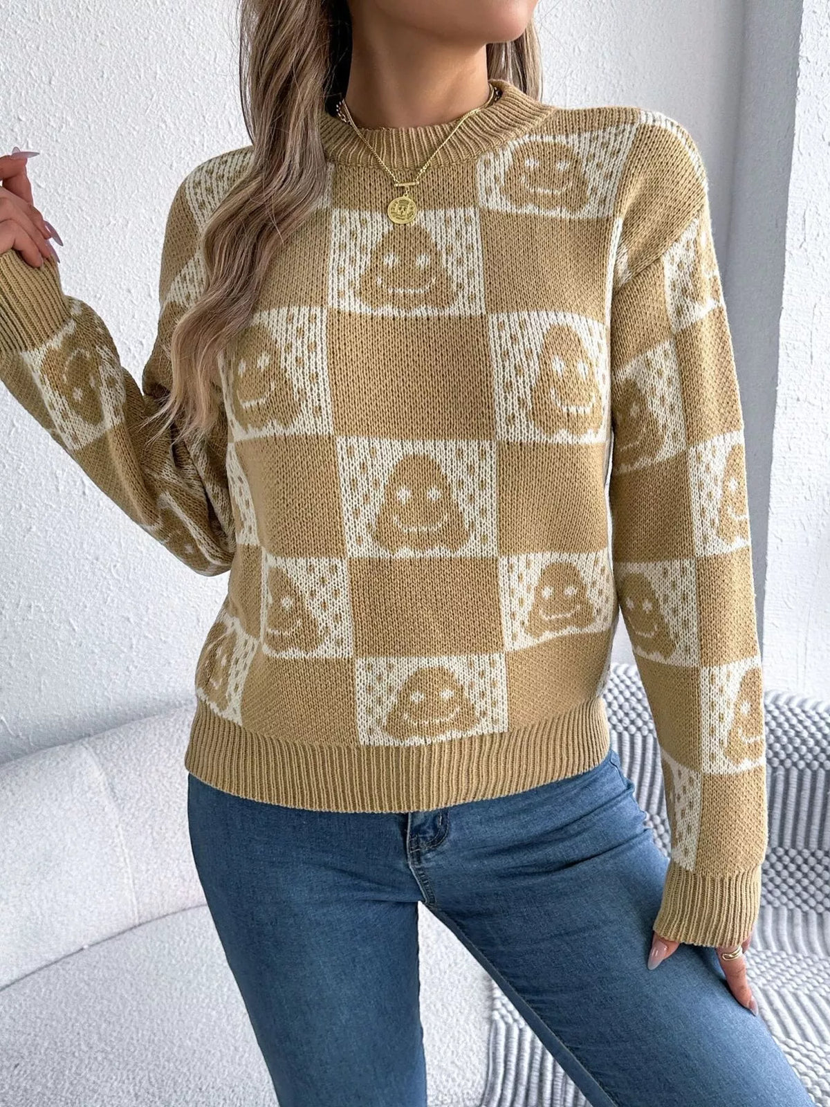 Checkerboard Halloween Graphic Sweater - Khaki - View 3
