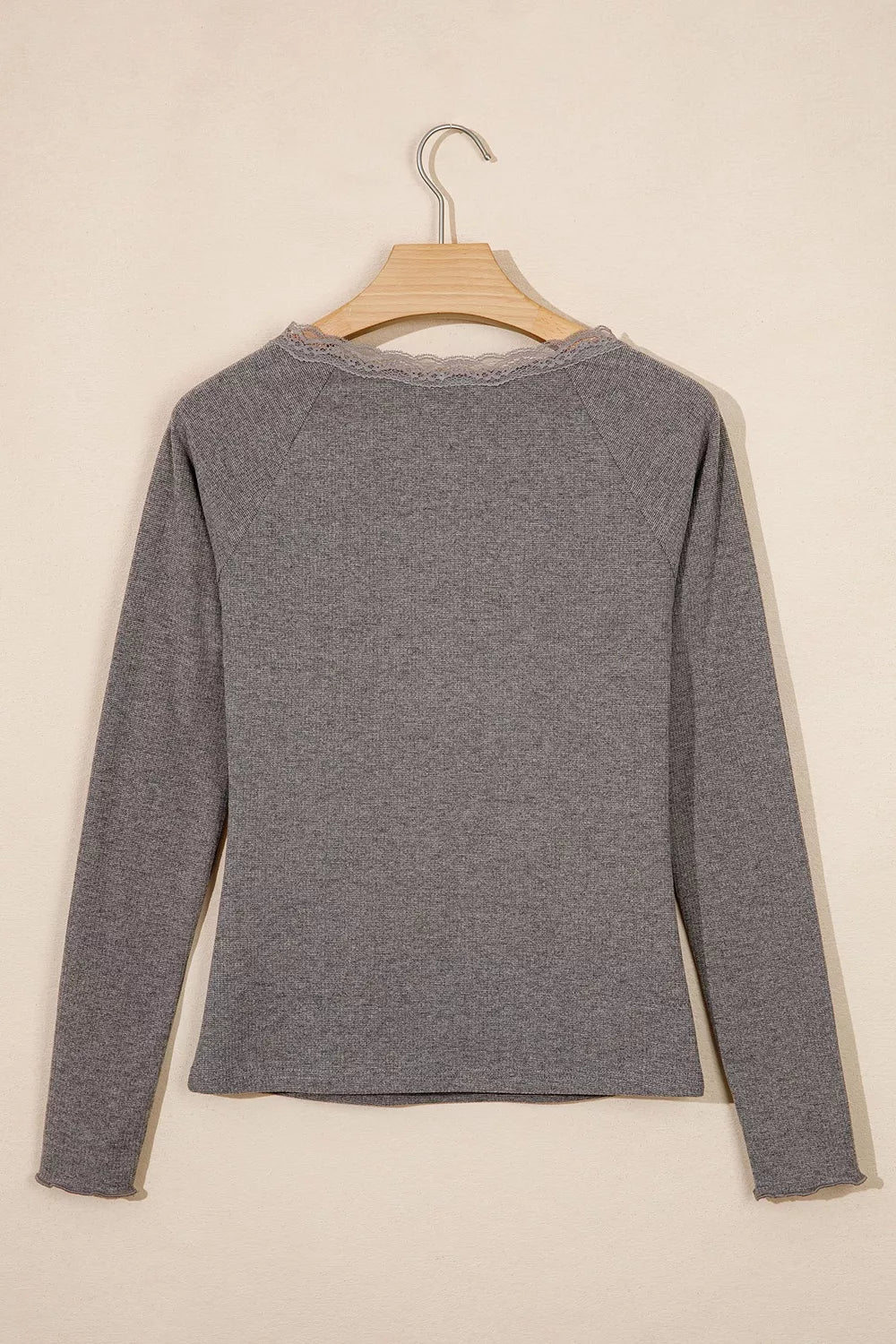 Solid Color Ribbed Lace Trim V-Neck Button Detail Long Sleeve Top - Dark Gray - View 5